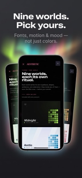 Nine worlds. Pick yours — the app's theme gallery showing Midnight and Arctic side by side